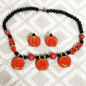 Halloween Holiday Season Pumpkin Set of Necklace Earrings Handcrafted